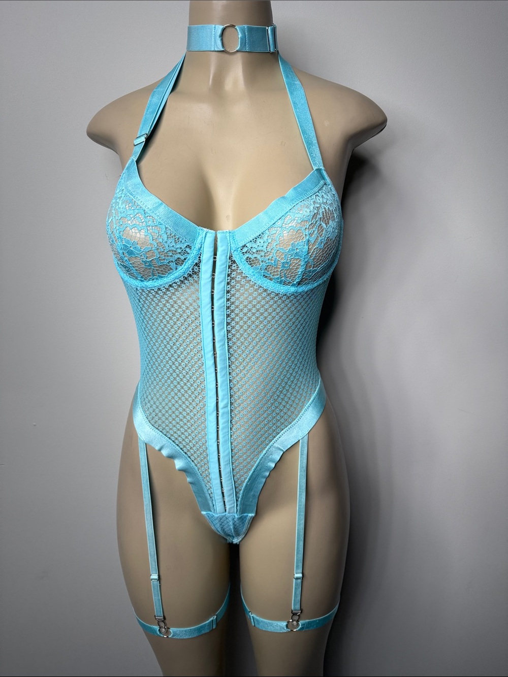 Light Blue Lace & Mesh Halter Garter Teddy